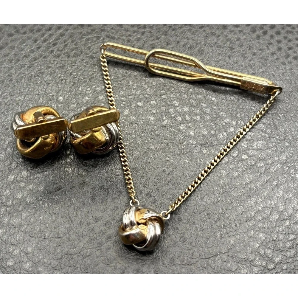 Vintage Swank Two Tone Knot Cufflinks Tie Clip Bar Set Gold Tone